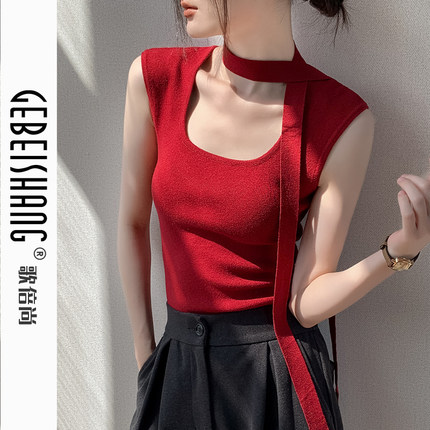 歌倍尚u领无袖针织衫女春季新款修身小众设计感坎肩安可拉红上衣