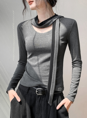 保暖飘带灰色长袖T恤女2025秋季新款慵懒风毛衣内搭打底衫上衣女