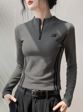 灰色拉链卫衣长袖T恤女2025秋季修身内搭打底衫爆款字母印花上衣