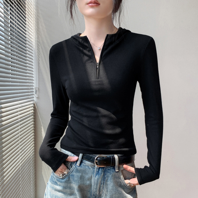 半开领连帽长袖t恤女高级上衣