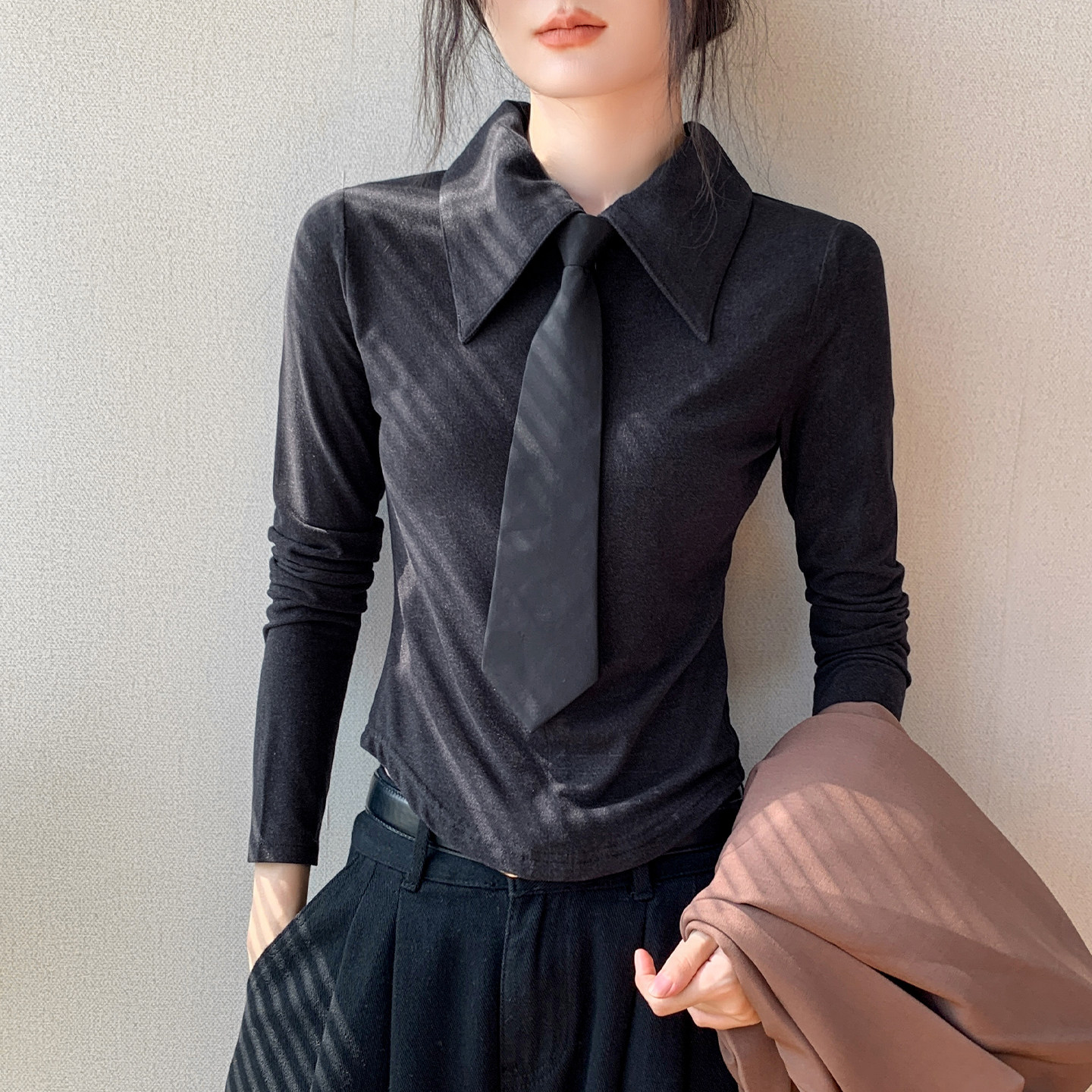 领带Polo领长袖t恤女保暖内搭