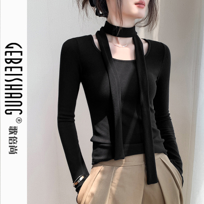 歌倍尚法式方领气质飘带长袖T恤