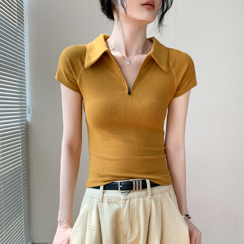 修身拉链Polo领正肩短袖T恤女