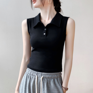 显瘦内搭打底衫 设计感外穿别致修身 背心女夏季 翻领纽扣挂脖无袖