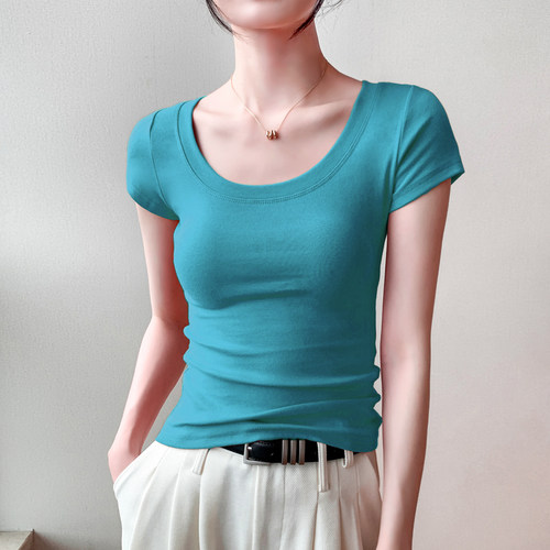 大圆领纯色棉修身短袖T恤女