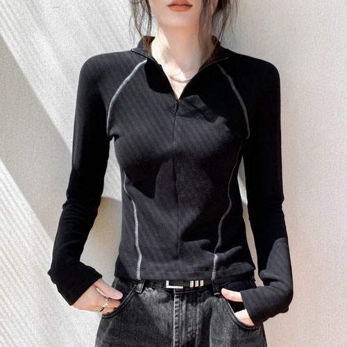 歌倍尚半开领拉链双面德绒T恤