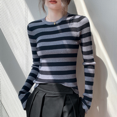 歌倍尚圆领撞色条纹长袖针织衫