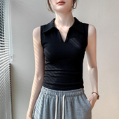 法式 显瘦纯色T恤上衣 洋气翻领修身 POLO领欧货无袖 背心女2025夏季