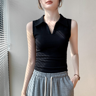 法式POLO领欧货无袖背心女2026夏季洋气翻领修身显瘦纯色T恤上衣