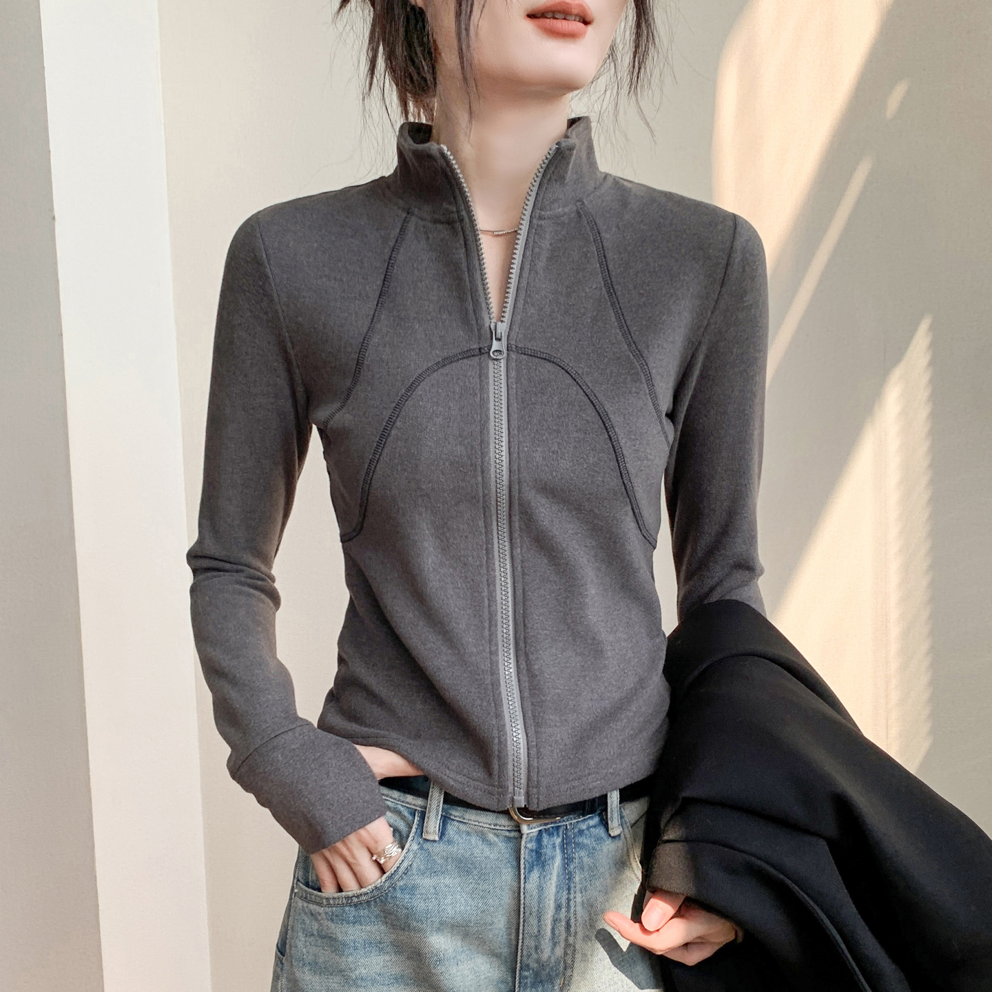 拉链开衫指套长袖T恤女保暖外套