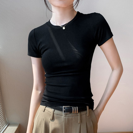 小圆领简约短袖T恤女2026夏新款紧身显瘦纯色百搭正肩薄款上衣潮