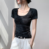 歌倍尚方领扎染别致短袖 内搭上衣 正肩显瘦衬衫 T恤女2025夏季 修身