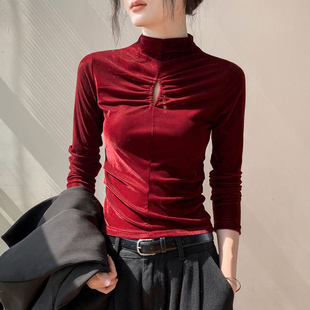 半高领镂空金丝绒长袖T恤女秋冬新款纯色今年流行爆款内搭打底衫