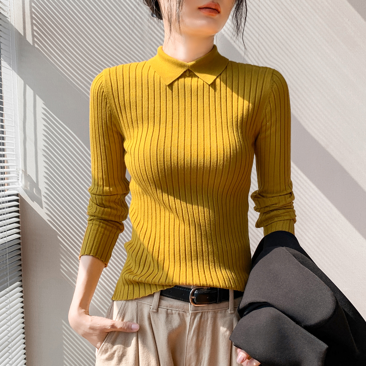 法式小翻领坑条修身长袖针织衫女