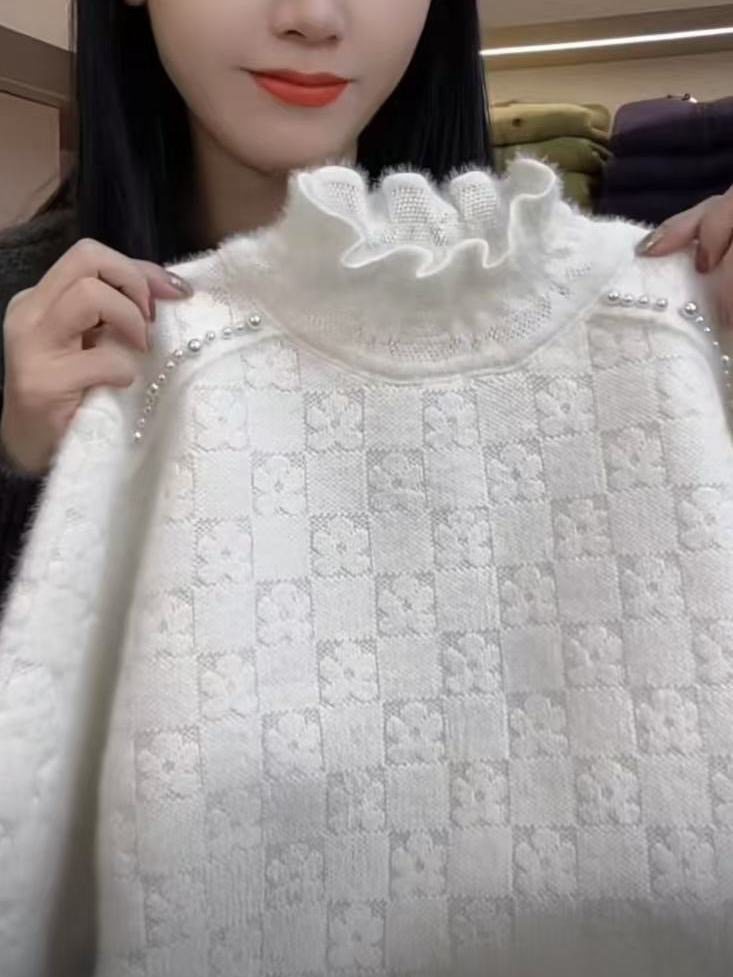 2026春季新款女装套头木耳边钉珠洋气长袖羊毛针织衫女毛衣,女装/女士精品,毛针织衫,淘宝优惠券,粉丝福利购,淘宝优惠卷