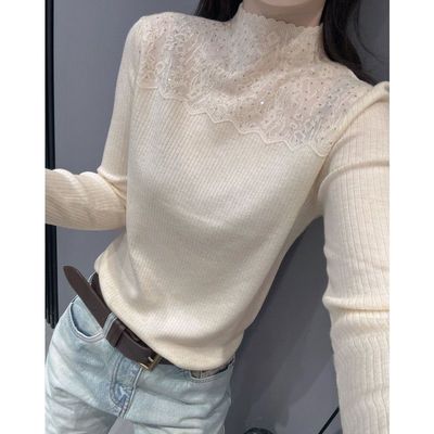 2025新款半高领蕾丝打底衫女春秋薄款修身高端性感洋气网纱内搭潮