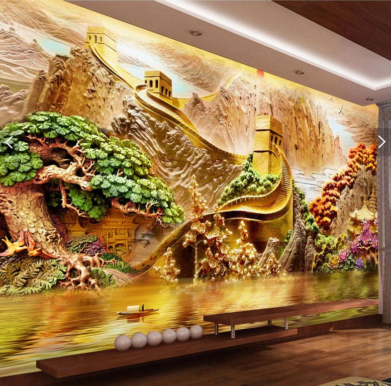 办公室前台迎宾台收银台背景墙锦绣河山3d浮雕万里长城装饰画壁纸