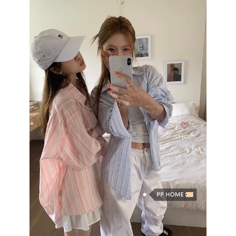原版面料蓝色条纹polo领长袖衬衫女装夏季薄款宽松防晒衬衣款上衣