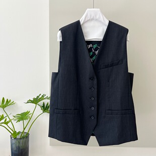 马甲背心坎肩 细条纹百搭气质羊毛无袖 极简2026春夏季 宽松版