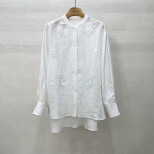 女上衣 刺绣花钉珠衬衫 2026春夏新品 小圆领亚麻长袖
