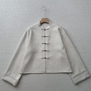 26春秋新中式 点点羊毛呢外套 古风小立领廓形微宽松直筒剪裁挽边袖