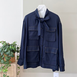 秋新品飒爽英姿通勤风系飘带领多口袋休闲夹克衬衫明线工装麻外套