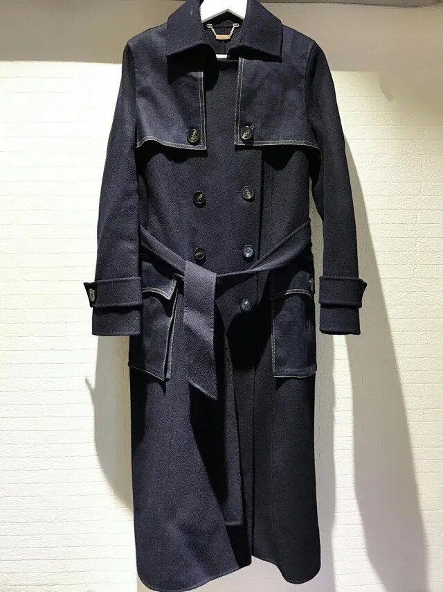 25秋冬设计师品牌大气中长款修身双排扣牛仔拼接羊毛呢大风衣外套