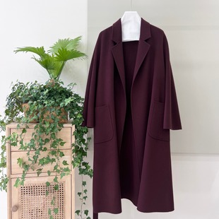 2025春本命年安哥拉红色手缝无扣收腰系带山羊绒大衣翻领中长外套