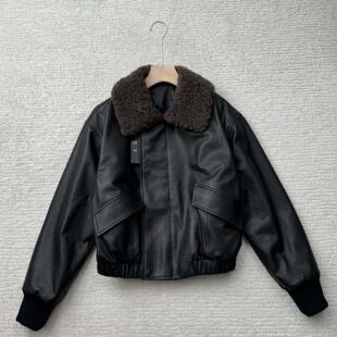 秋冬女士飞行员夹克深咖色毛毛翻领真羊皮毛一体夹克棉上衣短外套