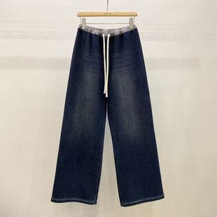 拼接松紧腰系带加绒直筒休闲厚复合鹅绒宽松显瘦保暖羽绒芯牛仔裤