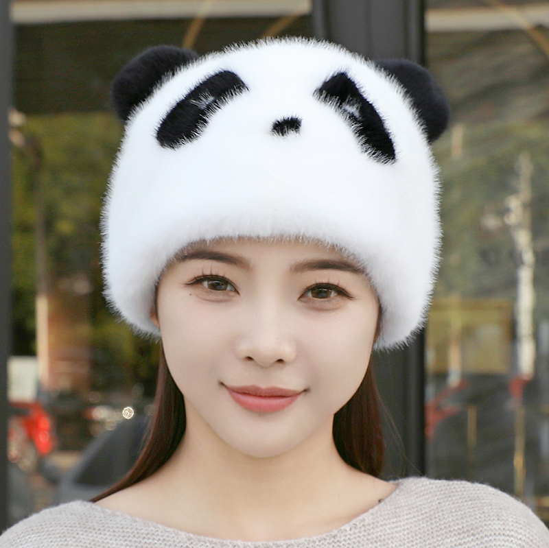 冬季新款女仿水貂帽子熊猫2023可爱卡通护耳毛茸茸保暖防风