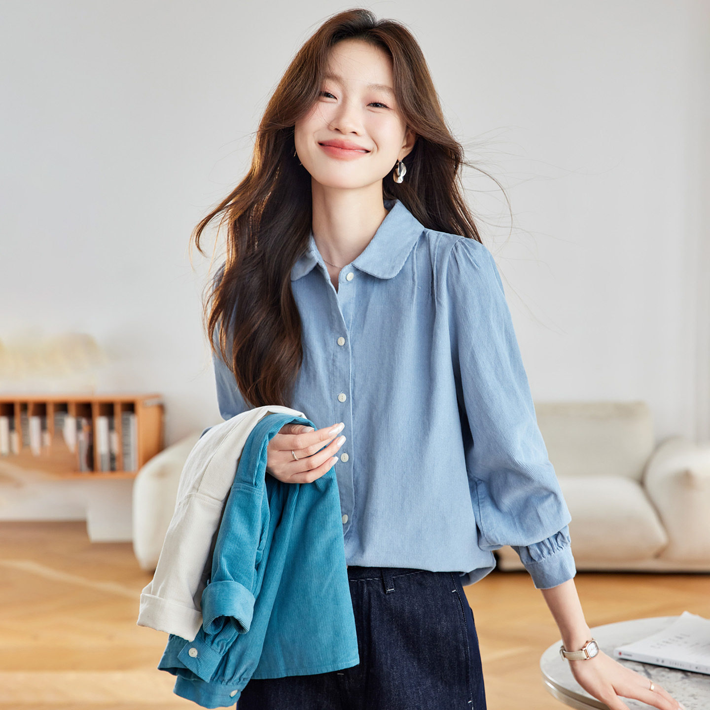 加厚磨毛纯棉长袖通勤衬衫女秋冬