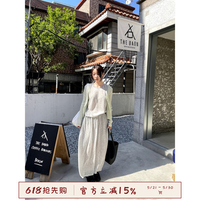 韩系气质温柔风麻感褶皱半身裙