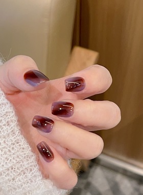 穿戴甲短款2025新款高级感焦糖色紫色琥珀晕染纯手工穿戴甲贴片