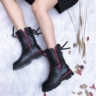 一席之地女鞋2022秋冬特惠宽口靴子平底中筒百搭牛皮舒适个性帅气