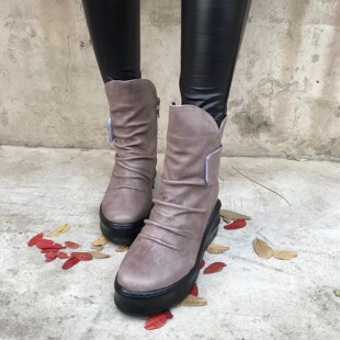 一席之地女鞋2022秋冬超值断码中筒皮靴子舒适休闲厚底坡跟内增高