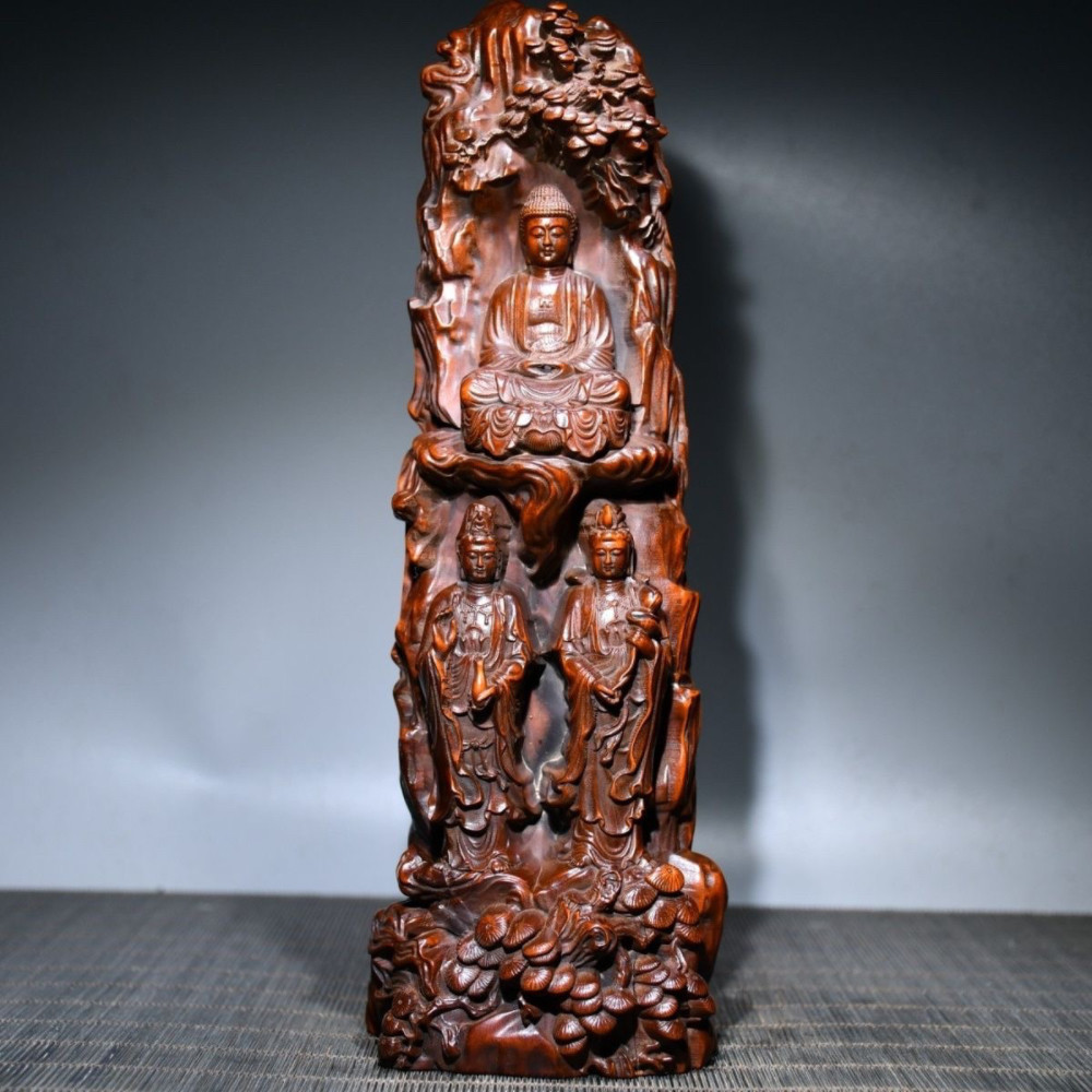 旧藏小叶黄杨木精雕刻西方三圣佛像古玩桌面摆件家居装饰品工艺品