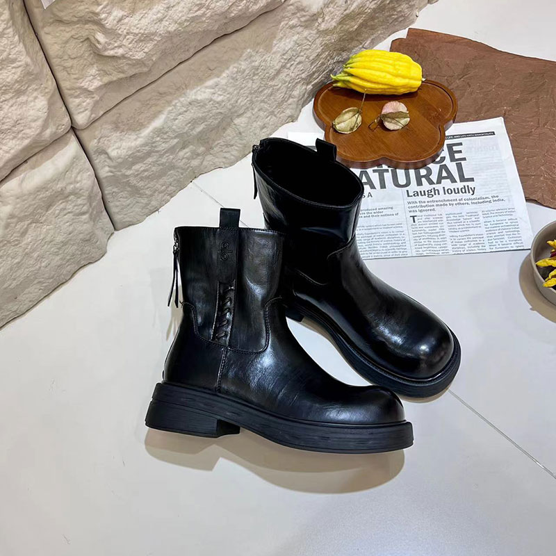 粗跟短靴女加绒设计感圆头女靴