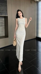 气质提花长裙内搭裙 设计感收腰修身 法式 绿色吊带连衣裙女夏季