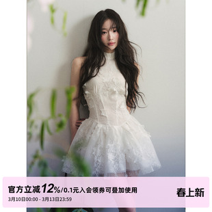 1P STUDIO 白色蕾丝花朵挖肩无袖连衣裙女春夏季高领收腰蓬蓬短裙