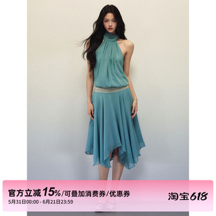 1P STUDIO 湖蓝色雪纺套装裙女夏季短款挂脖上衣不规则半裙两件套