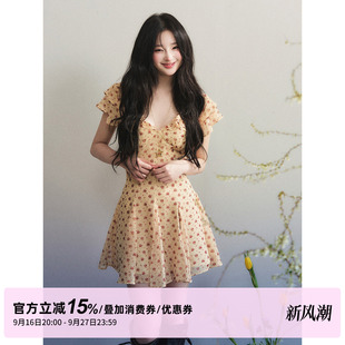 1P STUDIO 复古小碎花雪纺V领连衣裙女秋荷叶边短袖收腰压褶短裙