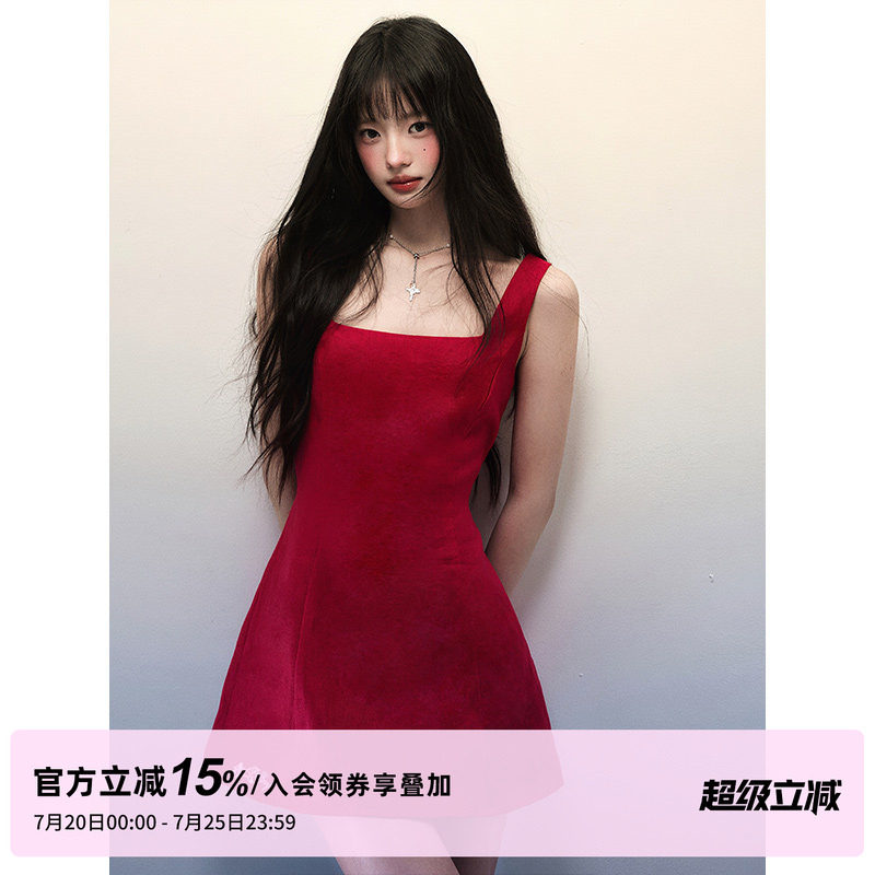 1P STUDIO 红色棉麻大方领背心连衣裙女秋冬A字裙摆修身收腰短裙