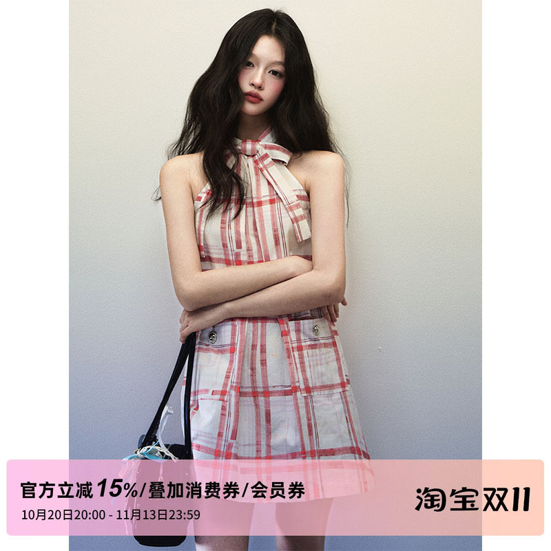 【赵昭仪同款】1P STUDIO 红格纹挂脖连衣裙女蝴蝶结挖肩无袖短裙