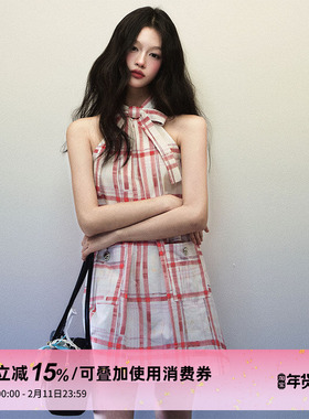 【赵昭仪同款】1P STUDIO 红格纹挂脖连衣裙女蝴蝶结挖肩无袖短裙