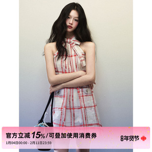 【赵昭仪同款】1P STUDIO 红格纹挂脖连衣裙女蝴蝶结挖肩无袖短裙