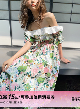 1P STUDIO原创设计 森林精灵碎花裙子一字肩收腰连衣裙女秋冬