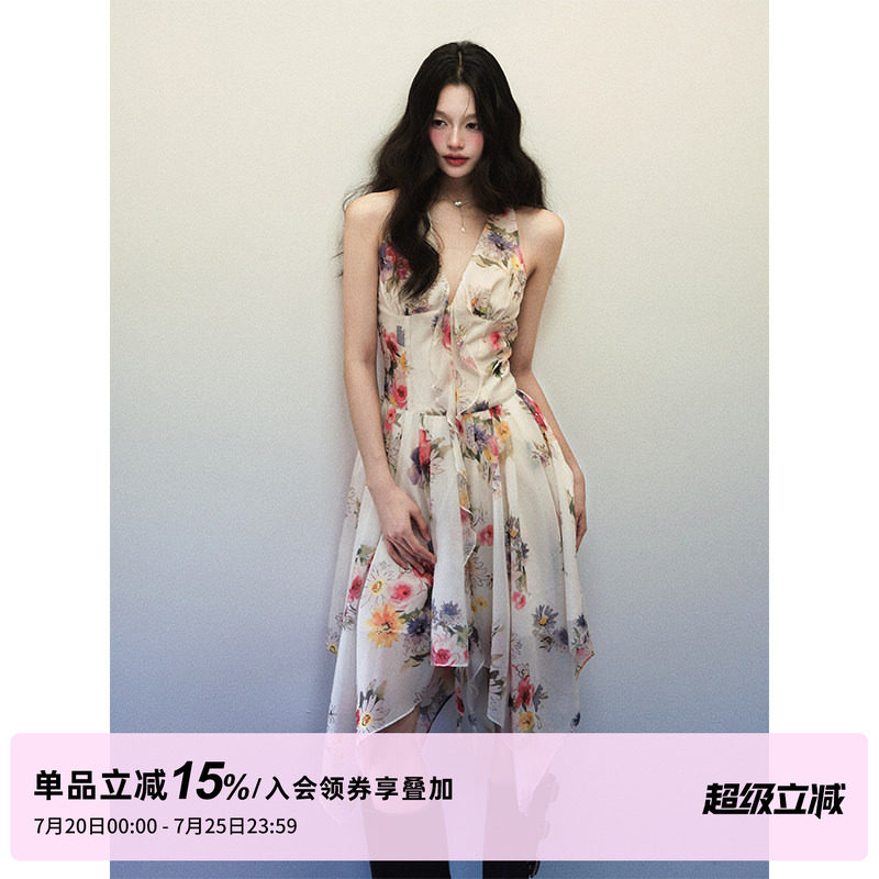 1P STUDIO"烂漫山花"水彩印花无袖连衣裙女秋冬不规则V领挂脖裙子