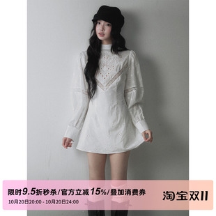 1P STUDIO 纯棉镂空绣花泡泡袖连衣裙女秋季蕾丝拼接收腰A字短裙