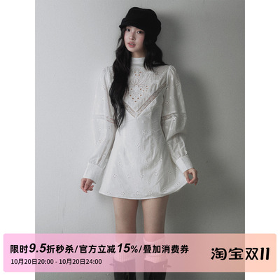 1P STUDIO 纯棉镂空绣花泡泡袖连衣裙女秋季蕾丝拼接收腰A字短裙